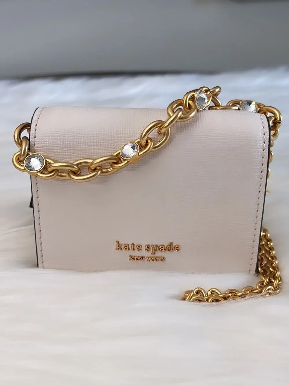 kate spade Cream Mini Saffiano Crossbody with Gold Chain & Crystal Accents